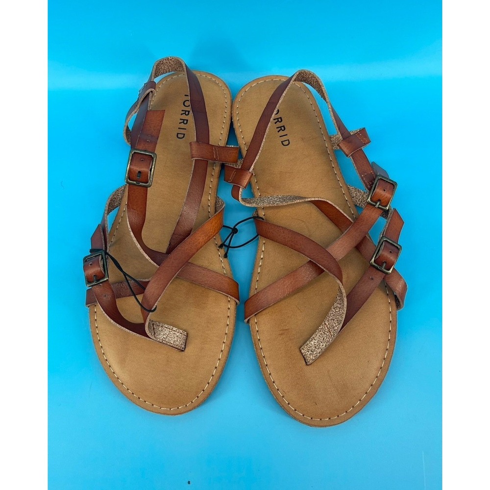 Torrid Women's Brown Strappy Flat Sandals Buckle Thong Size 9WW Wide